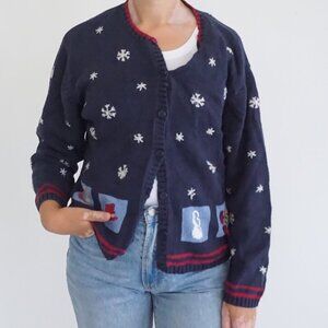 Vintage Christopher Banks Navy Snowflake Snowman Candy Cane Holiday Cardigan XL